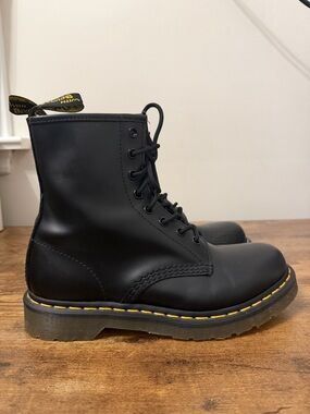 Dr. Martens Black Leather 8-Eye Lace-Up Boots with Yellow Stitching